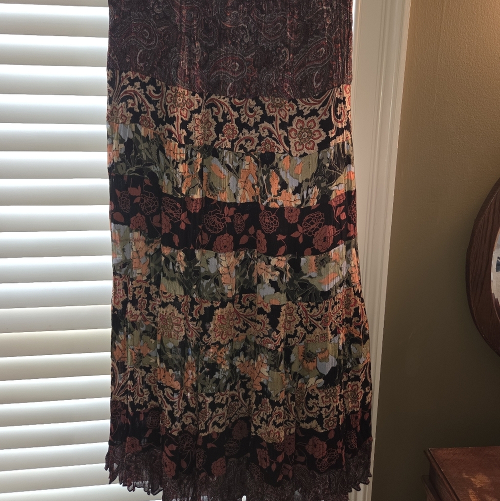 Coldwater Creek Multi-Print Maxi Skirt in Maroon, Olive, and Peach
